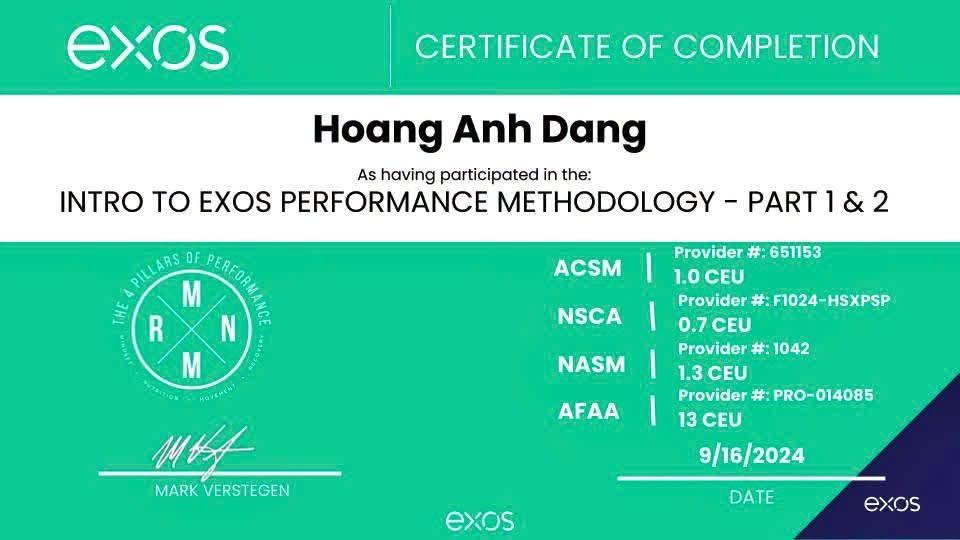 Chứng chỉ Performance Methodology Part 1 & 2, EXOS