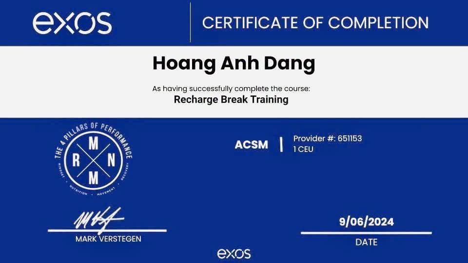 Chứng chỉ Recharge Break Training, EXOS